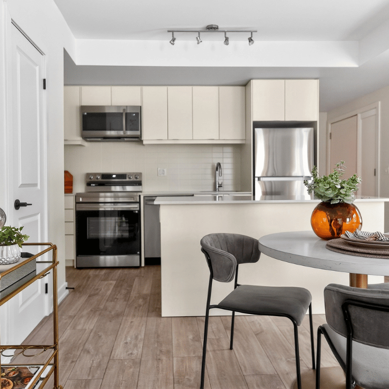 Staged living room at The Towns at York Mills & Leslie.